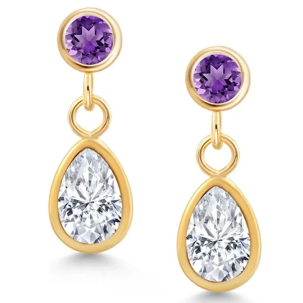 14K Yellow Gold with 1.00 Cttw White Moissanite and Amethyst Post Back Earrings